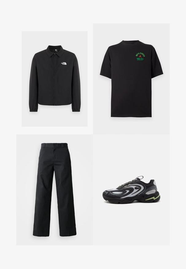 Veste noire à fermeture éclair avant avec col, poignets élastiques et logo blanc The North Face sur la poitrine gauche, présentée sur un fond uni.; T-shirt noir à manches courtes avec texte et logo verts et orange "MJ'S PIZZA Since 1984 Open 23/7" sur la poitrine gauche.; Pantalon noir à jambes larges en coton. Doté d'une fermeture à bouton, de passants de ceinture et de poches latérales. Texture lisse avec une coupe ajustée.; Baskets Lacoste Storm 2K noires et grises avec motifs ondulés, lacets, et une semelle épaisse avec un accent vert clair.