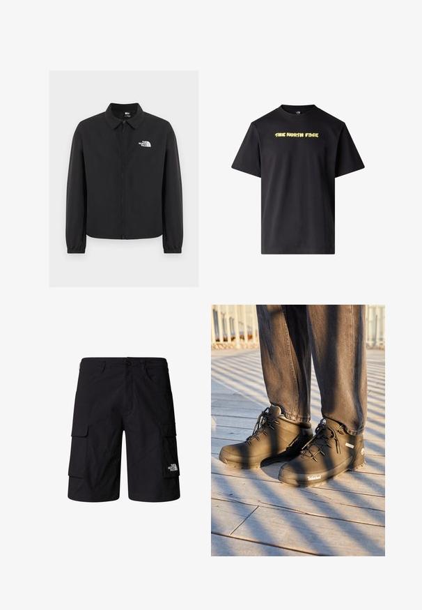 Schwarze Jacke mit Reißverschluss vorne, Kragen, elastischen Bündchen und weißem The North Face-Logo auf der linken Brust, vor einem einfarbigen Hintergrund präsentiert.; Schwarzes kurzärmeliges T-Shirt aus Baumwolle mit gelbem Logo-Text "THE NORTH FACE" mittig auf der Brust. Klassischer Rundhalsausschnitt.; Schwarze Cargo-Shorts aus leichtem Stoff, ausgestattet mit zwei Seitentaschen, zwei Cargotaschen und einem Markenlogo am unteren rechten Bein.; Schwarze Timberland-Wanderstiefel mit hohem Schaft, strukturierten Oberflächen und runden Schnürsenkeln, vor einem Holzboden-Hintergrund.