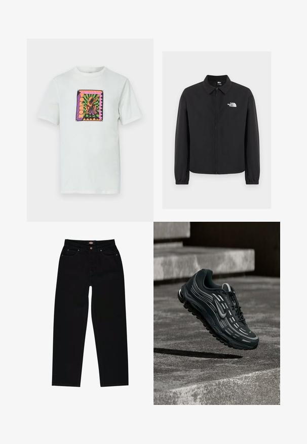 Veste noire à fermeture éclair avant avec col, poignets élastiques et logo blanc The North Face sur la poitrine gauche, présentée sur un fond uni.; T-shirt en coton blanc présentant un graphique coloré en forme de carré avec un design de grenouille et du texte, sur un fond géométrique avec des bords accentués.; Jean en denim noir avec une coupe droite, présentant cinq poches, des coutures marron et une fermeture éclair. Texture lisse et matériau durable.; Baskets Nike Air Max noires et grises flottant au-dessus de marches en béton gris avec un fond de sol texturé.