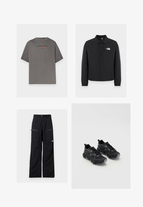 Veste noire à fermeture éclair avant avec col, poignets élastiques et logo blanc The North Face sur la poitrine gauche, présentée sur un fond uni.; T-shirt gris à manches courtes avec le logo "OAKLEY" et un petit graphisme rouge centré sur la poitrine, présenté sur un fond blanc uni.; Pantalon de plein air noir avec ceinture ajustable, deux poches cuisses zippées et le logo The North Face sur la jambe droite.; Chaussures de sport noires avec une tige en maille texturée, dotées d'une semelle épaisse, d'un système de laçage et de subtils accents gris.