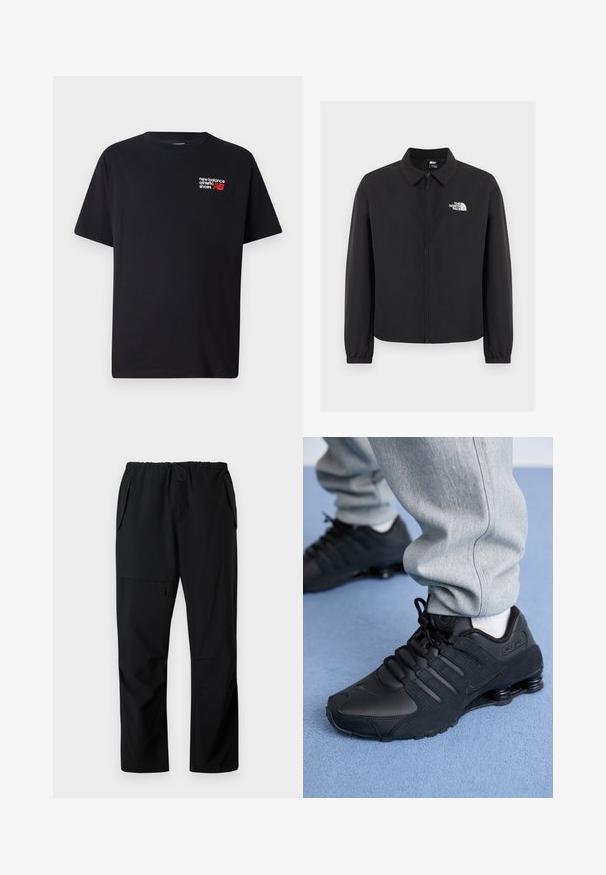 Schwarze Jacke mit Reißverschluss vorne, Kragen, elastischen Bündchen und weißem The North Face-Logo auf der linken Brust, vor einem einfarbigen Hintergrund präsentiert.; Schwarzes Baumwoll-T-Shirt mit Rundhalsausschnitt. Verfügt über ein kleines rotes und weißes "New Balance"-Logo und Text im oberen linken Brustbereich.; Schwarze Freizeit-Hosen mit elastischem Bund, zwei seitlichen Taschen und einer mit Reißverschluss versehenen Oberschenkel-Tasche, flach auf weißem Hintergrund präsentiert.; Person in schwarzen Nike Shox Sneakers und grauen Jogginghosen, der auf einem hellblauen Teppich steht.