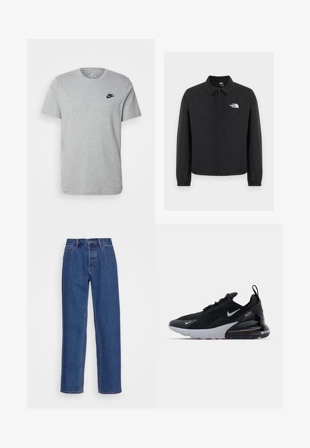 Čierna bunda na zips s golierom, elastickými manžetami a bielym logom The North Face na ľavej strane na hrudi, zobrazená na jednoduchom pozadí.; Sivý krátky rukáv T-shirt vyrobený z bavlny, s čiernym logom Nike na hrudi a okrúhlym výstrihom. Minimalistický dizajn bez vzorov.; Modré denimové džínsy s klasickým rovnom strihom, s vysokým pásom, pútkami na opasok a subtílnymi detailmi stehovania.; Čierne športové topánky s hornou časťou z mäkkej sieťoviny, bielou medzipodrážkou a viditeľným vzdušným tlmením v päte. Elegantný dizajn s jemnými striebornými akcentmi.