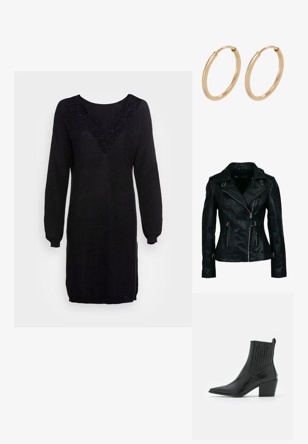 Schwarze Bikerjacke aus Kunstleder mit asymmetrischem Frontreißverschluss, zwei Reißverschlusstaschen, Schnallendetails am Kragen und an der Taille.; Schwarzes gestricktes Kleid mit langen Ärmeln, V-Ausschnitt und Spitzenverzierungen am Halsauschnitt. Rippenstruktur mit seitlichen Schlitzen am Saum.; RAID ROCCO - Cowboy-/Bikerstiefelette - black; Goldene Creolen mit einer glatten, polierten Oberfläche. Abgerundete Form, mittlere Größe, ausgestattet mit einem sicheren Verschlussmechanismus.