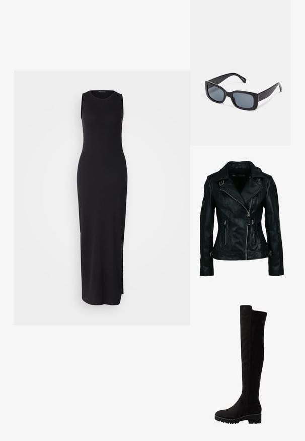 Schwarze Bikerjacke aus Kunstleder mit asymmetrischem Frontreißverschluss, zwei Reißverschlusstaschen, Schnallendetails am Kragen und an der Taille.; Schwarzes, ärmelloses Maxikleid mit figurbetonter Silhouette, gerippter Textur, Rundhalsausschnitt und seitlichem Schlitz für Bewegungsfreiheit.; Schwarze Overknee-Stiefel aus weichem Wildleder mit flacher Sohle, abgerundetem Zehenbereich und elastischen Seiteneinsätzen für ein einfaches An- und Ausziehen.; Schwarze rechteckige Sonnenbrille mit dunkel getönten Gläsern, dickem Kunstrahmen und breiten Bügeln. Glatte Oberfläche und kantiges Design.