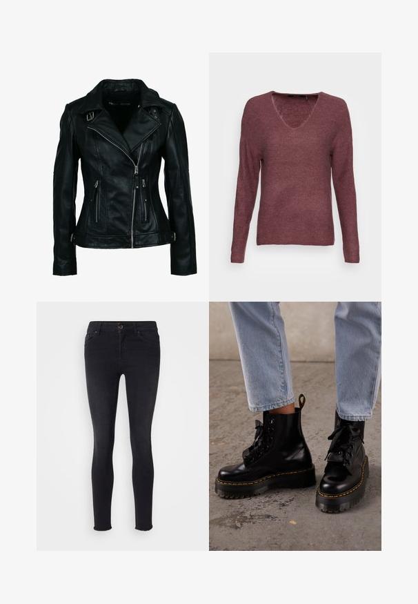 Schwarze Bikerjacke aus Kunstleder mit asymmetrischem Frontreißverschluss, zwei Reißverschlusstaschen, Schnallendetails am Kragen und an der Taille.; Vero Moda VMCREWLEFILE LS V-NECK BLOUSE NOOS - Strickpullover - rose brown melange; Schwarze Skinny-Jeans aus Denim-Material mit einer mittelhohen Taille, Fronttaschen und einem rohen Saum an den Knöcheln. Klassisches Fünf-Taschen-Design.; Person trägt hellblaue Jeans und schwarze Leder-Schnür-Plateaustiefel mit gelber Naht auf einem Betonboden.
