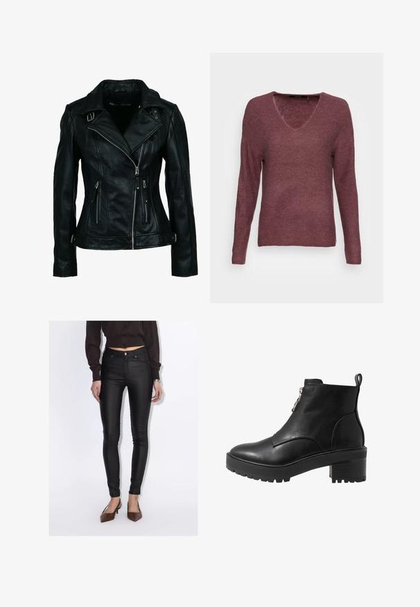Zwarte bikerjas van imitatieleren met asymmetrische rits aan de voorkant, twee ritssluitingen en gespsluitingen op de kraag en taille.; Vero Moda VMCREWLEFILE V-NECK - Trui - rose brown melange; Vrouw draagt zwarte hoge taille skinny broek, een cropped donkerbruin overhemd met knopen en bruine puntige hakken.; Zwarte leren enkelboot met een zijrits, stevige zwarte hak en een getextureerde zool voor grip. Gladde afwerking met minimale accenten.