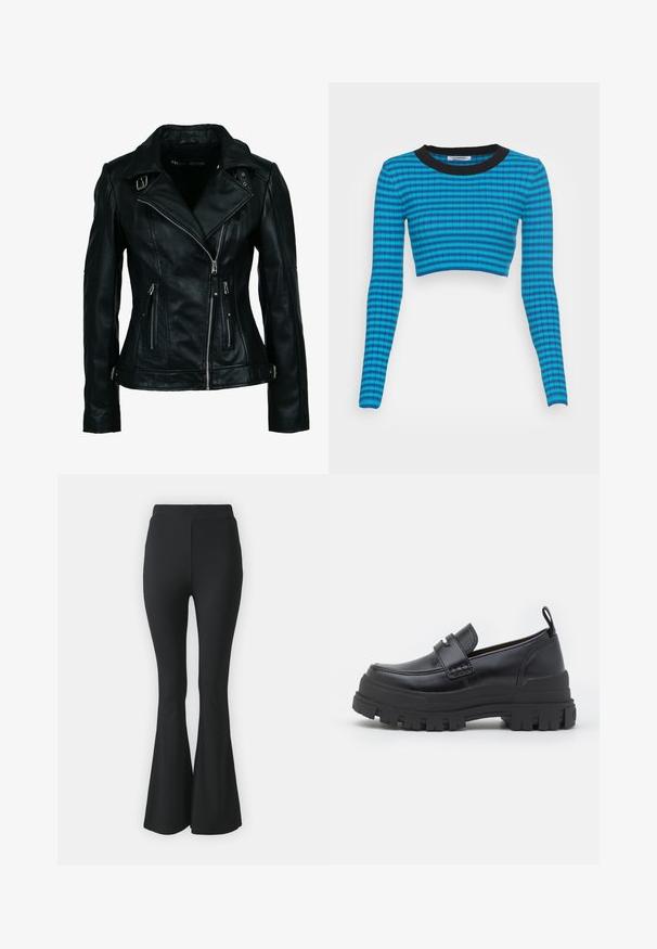 Sort bikerjakke i imiteret læder med asymmetrisk frontlynlås, to lynlåslommer, spænde-detaljer på krave og talje.; Blå og sort stribet cropped sweater med lange ærmer, der har en ribbet tekstur og en rund halsudskæring.; Sorte buks med flared design lavet af strækbart stof. Har en høj talje og et glat, tætsiddende design, der flared ud fra knæet og ned.; Sort læderloafer med tyk rillede sål, mok tå syning, remdetalje over toppen og trækstrop på hælen, vist i sideprofil.