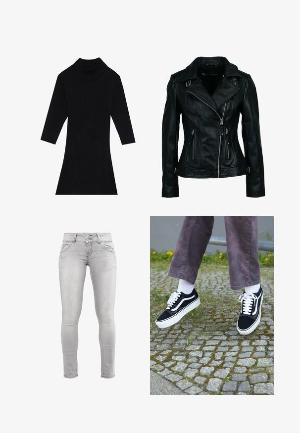 Chaqueta de motorista negra de cuero sintético con cremallera frontal asimétrica, dos bolsillos con cremallera y detalles con hebilla en el cuello y la cintura.; Vestido negro de punto acanalado con cuello alto y mangas tres cuartos, que presenta una silueta ajustada que se ensancha en el dobladillo.; Vaqueros skinny gris claro hechos de denim, con una textura suave, cierre de dos botones y bolsillos frontales con costuras curvas.; Zapatillas de ante negro con detalles en blanco, que presentan una punta redondeada, suela gruesa blanca y un diseño clásico de cordones, usadas con calcetines blancos y pantalones morados.