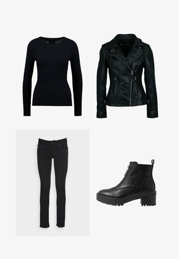 Sort bikerjakke i imiteret læder med asymmetrisk frontlynlås, to lynlåslommer, spænde-detaljer på krave og talje.; Sort ribbet langærmet sweater med rund halsudskæring og tætsiddende silhuet. Teksturen er glat med en subtil strækbarhed.; Sorte slim-fit jeans med frontknap, lynlås, bæltestropper og for- samt baglommer mod hvid baggrund.; Sort læder ankelstøvle med lynlåslukning på siden, kraftig sort hæl og en struktureret sål for godt greb. Glat overflade med minimalt udsmykning.