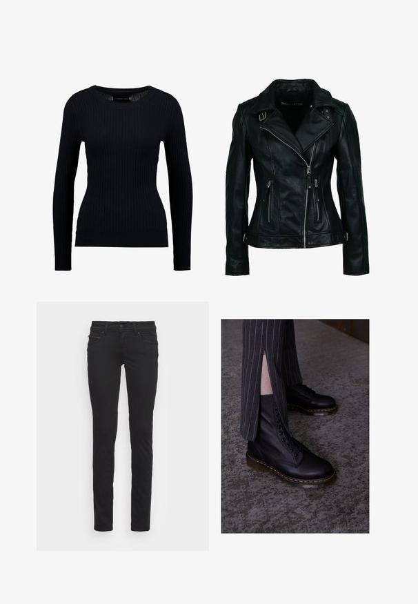 Chaqueta de motorista negra de cuero sintético con cremallera frontal asimétrica, dos bolsillos con cremallera y detalles con hebilla en el cuello y la cintura.; Suéter negro de manga larga con costillas, de cuello redondo y silueta ajustada. La textura es suave con un ligero estiramiento en todo el tejido.; Vaqueros negros de corte ajustado hechos de algodón, con bolsillos delanteros y un detalle de cremallera. Textura suave y diseño estándar de cinco bolsillos.; Botas de cuero negro con cordones, acabado texturizado, costuras amarillas y suela resistente y translúcida. Combinadas con pantalones a rayas con cremalleras.