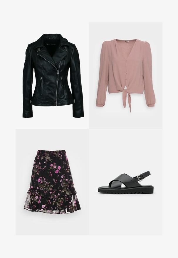 Chaqueta de motorista negra de cuero sintético con cremallera frontal asimétrica, dos bolsillos con cremallera y detalles con hebilla en el cuello y la cintura.; Blusa rosa claro con mangas largas, escote en V, botones en la parte frontal y detalle de lazo en la cintura. Tejido texturizado con un corte relajado.; Vero Moda VMROSA SMOCK SKIRT - Minifalda - black/pink; Sandalias de cuero negras con diseño de tiras cruzadas, hebilla ajustable y suela texturizada con estrías para un mejor agarre.