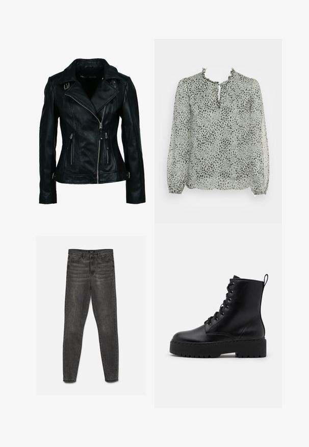 Zwarte bikerjas van imitatieleren met asymmetrische rits aan de voorkant, twee ritssluitingen en gespsluitingen op de kraag en taille.; ONLY ONLDITSY BLOUSE - Blouse - seagrass aop/dot leo; Donkergrijze slim-fit jeans met knoop- en ritssluiting, voor- en achterzakken, plat weergegeven op een witte achtergrond.; Zwarte leren enkelboot met een dikke, gestructureerde zool, ronde neus en metalen oogjes voor veters. Voorzien van een lus aan de achterkant.