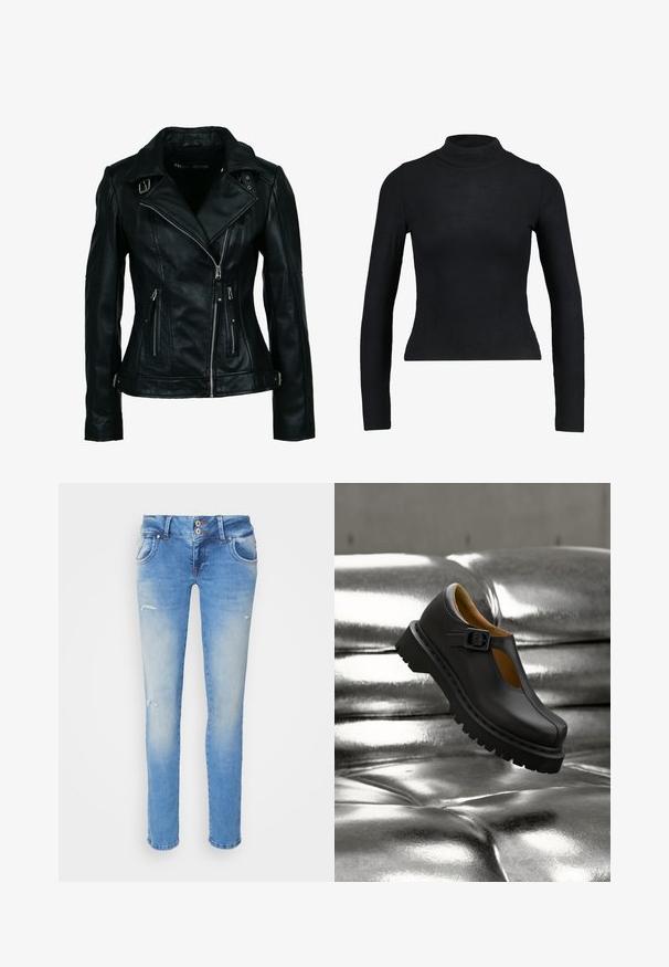 Sort bikerjakke i imiteret læder med asymmetrisk frontlynlås, to lynlåslommer, spænde-detaljer på krave og talje.; Sort langærmet turtleneck top lavet af ribbet stof, med en tætsiddende design og slank silhuet. Ingen mønstre eller detaljer.; Blå denimjeans med slim fit, der har en let slidtage, to frontlommer og mindre slidte detaljer nær knæene.; Sort læder Mary Jane-sko med tyk rillede sål og spænde-rem, svævende over en skinnende sølvfarvet polstret overflade.