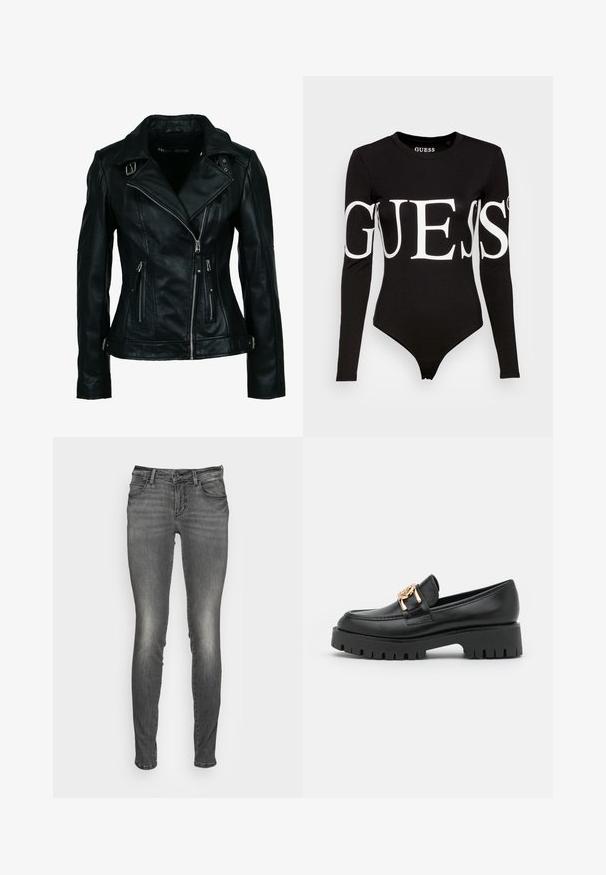 Sort bikerjakke i imiteret læder med asymmetrisk frontlynlås, to lynlåslommer, spænde-detaljer på krave og talje.; Sort langærmet bodysuit med et fremtrædende hvidt "GUESS" logo på forsiden, lavet af strækbart bomuldsstof.; Grå denimjeans med slank pasform, der har en let falmet tekstur, forlommer og en lynlåsåbning med knaplukning.; Sorte læder loafers med en kraftig sål og guldhardware; har rund tå og syede detaljer langs overdelen.