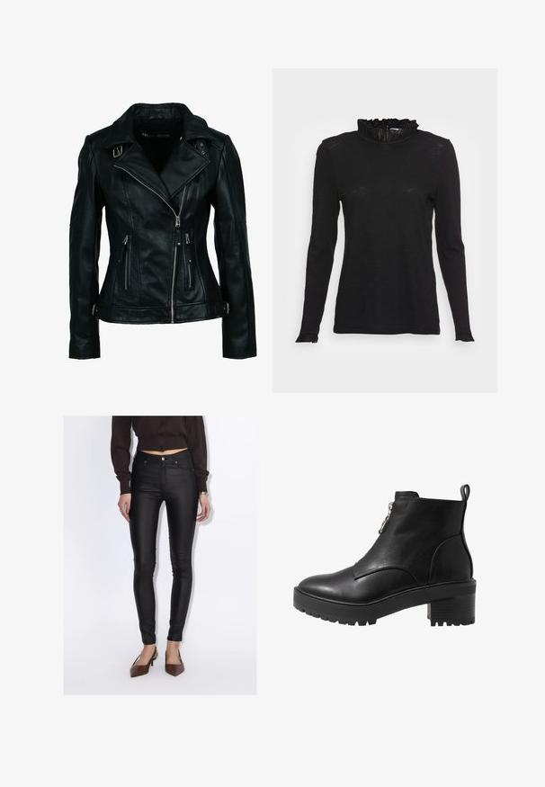 Chaqueta de motorista negra de cuero sintético con cremallera frontal asimétrica, dos bolsillos con cremallera y detalles con hebilla en el cuello y la cintura.; Top negro de manga larga con un cuello alto y volantes, y puños ligeramente acampanados, que presenta una tela suave y texturizada y un corte ajustado.; Mujer que lleva pantalones pitillo negros de cintura alta, una camisa corta marrón oscuro con botones y tacones marrones de punta fina.; Bota negra de cuero hasta el tobillo con cierre de cremallera lateral, tacón grueso negro y suela texturizada para una mejor tracción. Acabado liso con acentos mínimos.