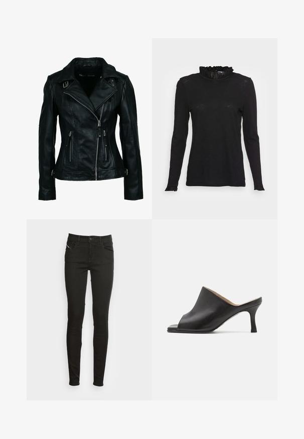 Chaqueta de motorista negra de cuero sintético con cremallera frontal asimétrica, dos bolsillos con cremallera y detalles con hebilla en el cuello y la cintura.; Top negro de manga larga con un cuello alto y volantes, y puños ligeramente acampanados, que presenta una tela suave y texturizada y un corte ajustado.; Jeans ajustados negros con bolsillos frontales, pasadores para cinturón, cierre de botón y cremallera, mostrados sobre un fondo blanco.; Selected ASHLEY - Mules de tacón - black
