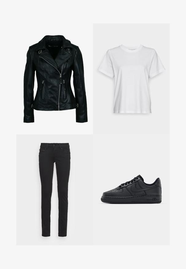 Veste de motard en similicuir noir avec fermeture éclair frontale asymétrique, deux poches zippées, détails à boucle sur le col et la taille.; T-shirt en coton blanc à manches courtes, col rond et coupe décontractée. Texture lisse, sans motifs ni graphiques, design basique.; Jeans slim fit noirs en coton avec poches avant et détail de fermeture éclair. Texture lisse et conception standard à cinq poches.; Baskets en cuir noir avec boîte à orteils perforée, lacets plats et semelle en caoutchouc. Présente un petit logo sur le côté et des détails texturés.