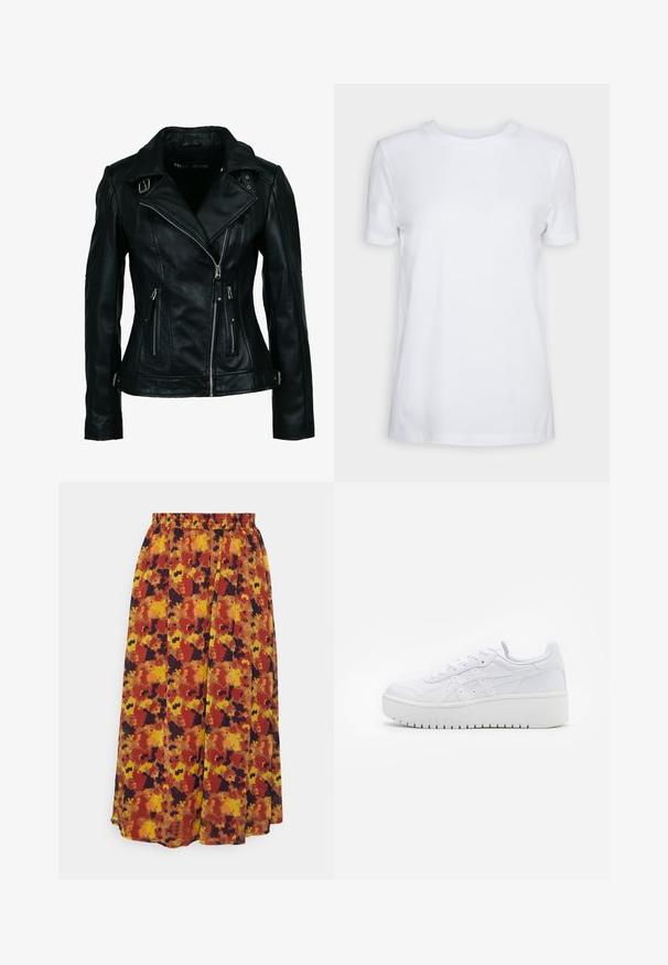 Schwarze Bikerjacke aus Kunstleder mit asymmetrischem Frontreißverschluss, zwei Reißverschlusstaschen, Schnallendetails am Kragen und an der Taille.; Schlichtes weißes T-Shirt mit kurzen Ärmeln und Rundhalsausschnitt, normaler Passform und einem kleinen Innenhalsetikett mit der Aufschrift „SELECTED FEMME.“; VILA VIFALIA MIDI SKIRT - Faltenrock - toasted coconut/multicoloured; Weiße Plattform-Sneaker aus glattem Leder mit perforierten Details und flachen Schnürsenkeln; ausgestattet mit einer dicken weißen Gummisohle.