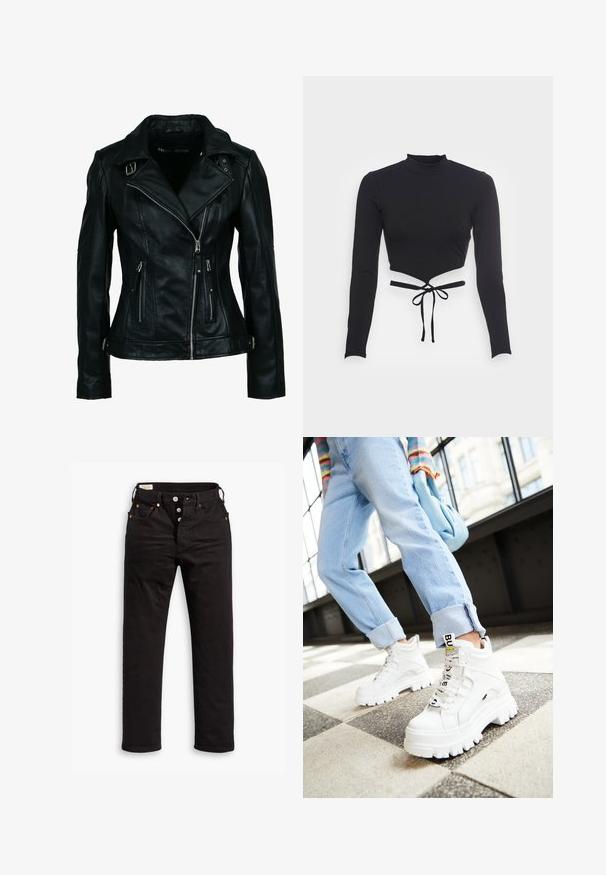 Zwarte bikerjas van imitatieleren met asymmetrische rits aan de voorkant, twee ritssluitingen en gespsluitingen op de kraag en taille.; Even&Odd by Zalando Longsleeve - black; Zwarte rechtlopende jeans met knoopsluiting, voor- en achterzakken, en koperen klinknagels op een witte achtergrond.; Witte chunky sneakers met dikke zolen, veter-sluiting aan de voorkant en een merketiket. Draagt met lichtblauwe opgerolde jeans op een patroonvloer.