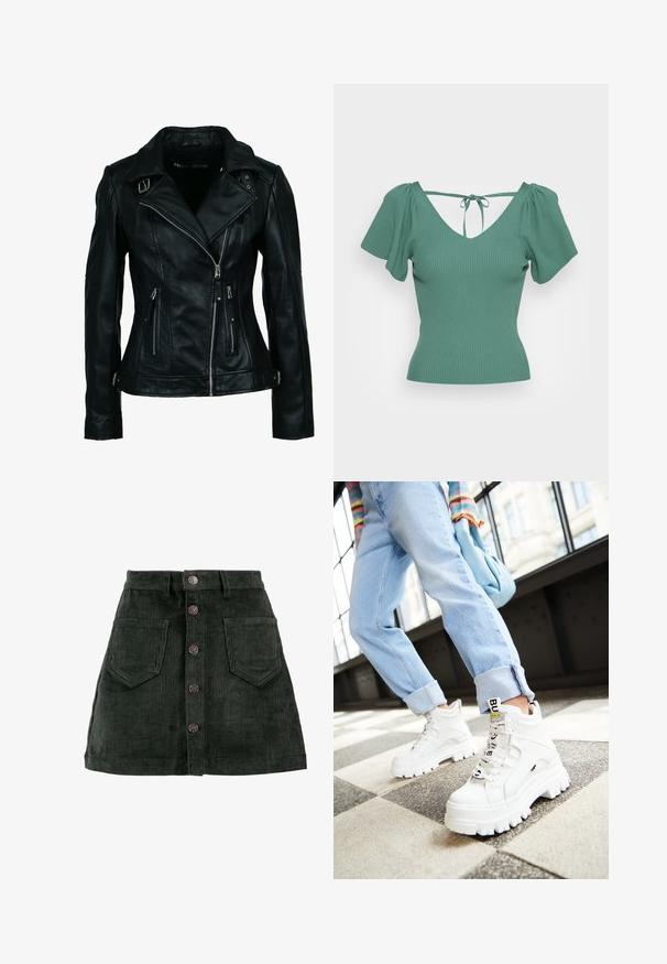 Sort bikerjakke i imiteret læder med asymmetrisk frontlynlås, to lynlåslommer, spænde-detaljer på krave og talje.; ONLY ONLLEELO BACK - T-shirts print - bottle green; ONLY ONLAMAZING GLOBAL - Mini skirts - green gables; Hvide klodsede sneakers med tykke såler, snørebånd foran og mærkeflag. Båret med lyseblå jeans med opsmøg på et mønstret gulv.