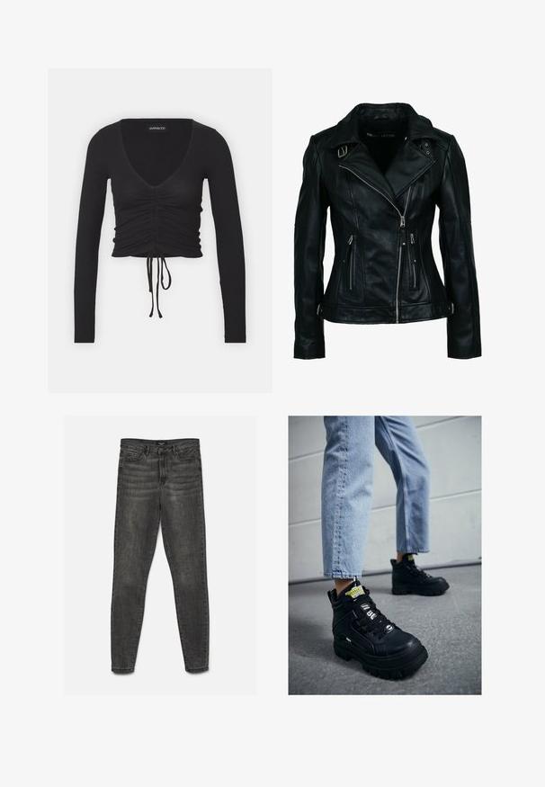 Chaqueta de motorista negra de cuero sintético con cremallera frontal asimétrica, dos bolsillos con cremallera y detalles con hebilla en el cuello y la cintura.; Top corto de manga larga negro acanalado con un profundo escote en V, detalles fruncidos en la parte delantera y lazo ajustable en el dobladillo.; Vaqueros ajustados de color gris oscuro con cierre de botón y cremallera, bolsillos delanteros y traseros, mostrados extendidos sobre un fondo blanco.; Zapatillas altas negras con suela gruesa, con diseño de cordones, acentos de logo y etiquetas amarillas. Combinadas con unos vaqueros cortos de color azul claro.