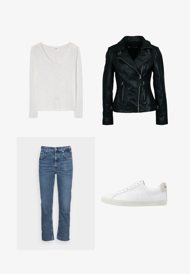 Schwarze Bikerjacke aus Kunstleder mit asymmetrischem Frontreißverschluss, zwei Reißverschlusstaschen, Schnallendetails am Kragen und an der Taille.; Weißes langärmeliges Damenoberteil mit rundem Ausschnitt und leicht strukturierter Stoffoberfläche, flach auf weißem Hintergrund liegend.; Klassische blaue Denim-Jeans mit schlankem, geradem Schnitt, fünf Taschen, Reißverschluss und einer leicht verblassten Textur für einen lässigen Look.; Weiße Ledersneaker mit einer strukturierten, cremefarbenen Gummisohle. Zu den Merkmalen gehören Schnürsenkel, dezente Nähte und ein grauer Wildleder-Hackeneinsatz.