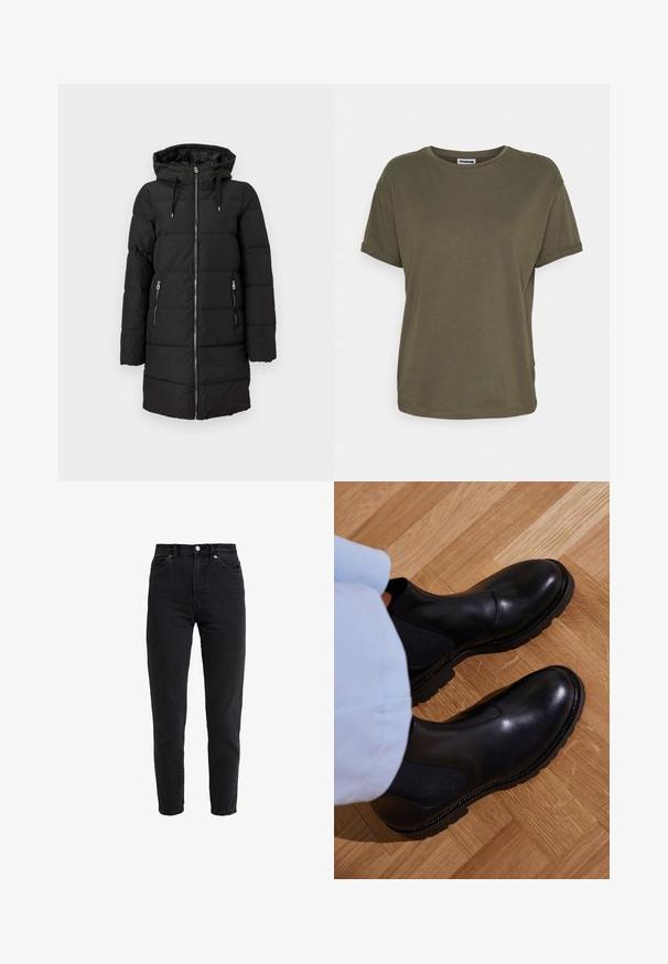 Chaqueta acolchada negra con capucha, que presenta secciones acolchadas horizontales, cierre frontal con cremallera y dos bolsillos laterales con cremallera.; Noisy May NMBRANDY - Camiseta básica - kalamata; Vaqueros de mezclilla negra de cintura alta con botón y cremallera delanteros, dos bolsillos delanteros y pierna estrecha sobre fondo blanco.; Botas negras de tobillo hechas de cuero suave con paneles laterales elásticos, una suela de goma texturizada y costuras en contraste a lo largo del borde.