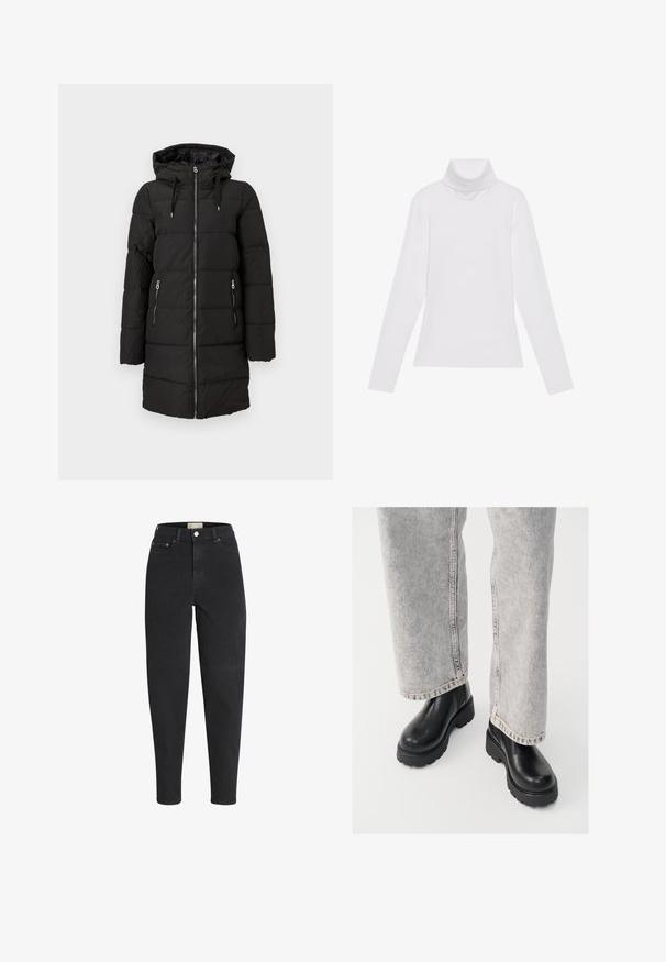 Must kapuutsiga puffer-jope, millel on horisontaalsed tepitud sektsioonid, ees lukk ja kaks lukuga küljetaskut.; Valge pikkade varrukate turtleneck-särk, mis on valmistatud siledast ja venivast kangast. Omab kõrget kraed ja keha lähedast lõiget, ilma nähtavate mustrite või kaunistusteta.; Mustad kõrge vöökohaga kitsenevad teksad esinupu ja tõmblukuga, esiküljel ja taga taskud ning metallist naelutised.; Vagabond COSMO - Platvormtallaga poolsaapad - black