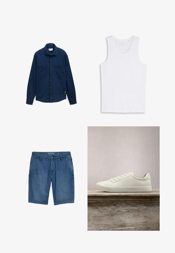 Dunkelblaue Jeanshemd mit einem Knopfverschluss, zwei Brusttaschen und langen Ärmeln. Ein kleines Markenschild ist an der unteren linken Seite sichtbar.; Weißes ärmelloses geripptes Tanktop mit rundem Ausschnitt, flach auf weißem Hintergrund, Größenschild im Kragen sichtbar.; Jeansshorts in einem mittleren Blauton, mit geradem Schnitt, elastischem Bund, zwei Fronttaschen und gestickten Details.; Weiße Schnürsneaker, die über einer Holzbank mit grünem Laub im Hintergrund schweben und das Schuhdesign sowie die Textur zeigen.