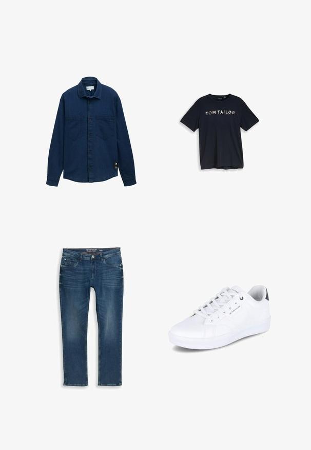 Une chemise en denim bleu foncé avec un design à boutons, deux poches poitrine et des manches longues. Une petite étiquette de marque est visible sur le côté inférieur gauche.; T-shirt noir à manches courtes et col rond avec le texte « TOM TAILOR » en lettres à motifs sur la poitrine sur fond blanc.; Jean droit bleu foncé en denim. Il présente des poches avant et une braguette zippée, avec un léger délavage et des détails de couture sur la ceinture.; Baskets blanches, en matériau synthétique lisse, design bas, bout rond, six œillets, détail de logo sur le côté, accent de talon sombre contrastant.