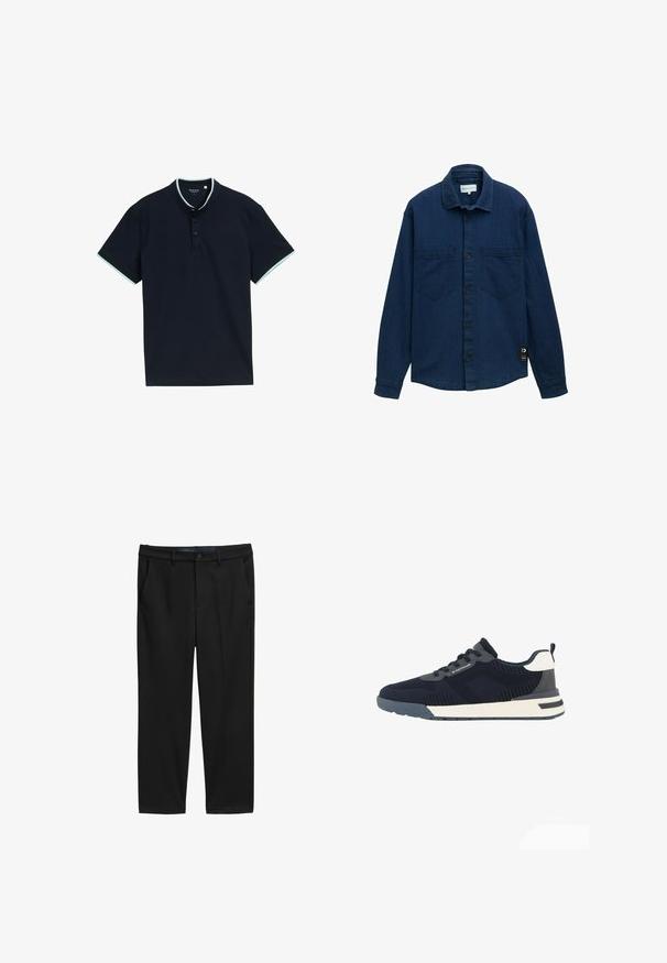 Dunkelblaue Jeanshemd mit einem Knopfverschluss, zwei Brusttaschen und langen Ärmeln. Ein kleines Markenschild ist an der unteren linken Seite sichtbar.; Marineblaues Poloshirt aus strukturiertem Stoff, mit Stehkragen, drei Knöpfen und hellblauen Akzenten am Kragen und den Ärmeln.; Schwarze Hose mit geradem Schnitt aus strukturiertem Stoff. Besitzt zwei Fronttaschen und einen Knopfverschluss an der Taille.; Dunkelblauer und grauer Mesh-Sneaker mit weißen Akzenten, Schnürverschluss, seitlichem Markenlogo und einer gepolsterten weißen und grauen Sohle.