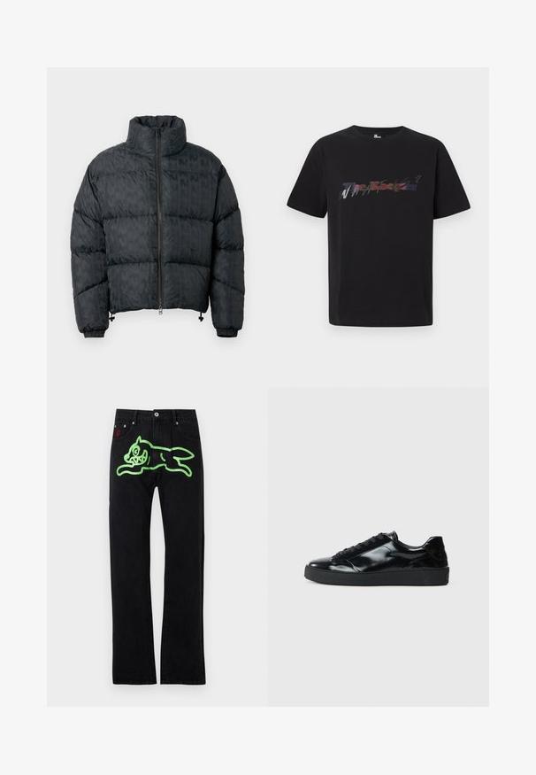 Sort pufferjakke med quiltet design, høj krave, frontlynlås og elastiske manchetter. Glat tekstur med et subtilt mønster.; Sort T-shirt med korte ærmer og flerfarvet, delvist skjult tekst "WHAT is?" tværs over brystet.; Sorte jeans med lige pasform, prydet med en stor grøn grafik af en løbende tegneseriekat på bagsiden. Sølvfarvede hardware-detaljer.; Sorte laklæder sneakers med rund tå, snørredesign, tekstureret gummisål og en glat overflade.