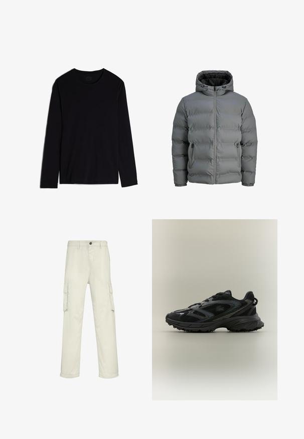 Grau gefütterte Jacke mit Reißverschluss, verstellbarem Kapuzen und seitlichen Reißverschlusstaschen sowie elastischen Bündchen; gestepptes Design für Isolation.; Schwarzes Langarmshirt aus weichem Stoff, mit rundem Ausschnitt und einem schlichten, nahtlosen Design. Keine sichtbaren Muster oder Akzente.; Beige Cargo-Hosen aus einem Baumwollgemisch, mit sechs Taschen, geraden Beinen und einem Knopfverschluss am Bund.; Schwarzer Sportschuh mit Netz панели, einer strukturierten Sohle, Schnürsenkeln und einer geschwungenen Silhouette mit silbernen Akzenten an den Seiten.