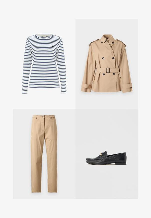 Gabardina beige de doble botonadura con mangas anchas, cintura con cinturón, trabillas abotonadas en los hombros y puños abotonados.; Camisa de manga larga a rayas en blanco y azul marino, con un cuello redondo y un pequeño acento de corazón negro en el lado izquierdo del pecho. Textura de tejido suave.; Pantalones chinos beige con textura suave, corte recto, cintura con cierre de botón y bolsillos delanteros. Diseño minimalista, sin patrones visibles.; Mocasín de cuero negro con herrajes decorativos dorados, detalles cosidos, punta ligeramente puntiaguda y suela plana y minimalista.