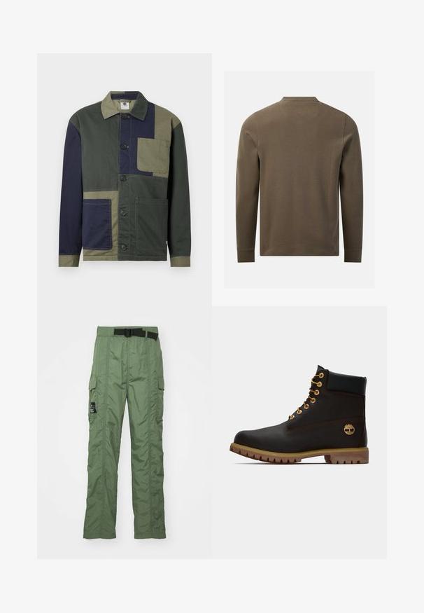 Veste à boutons avec design patchwork en vert foncé, marine et olive, dotée de trois grandes poches avant et d'un col.; Chemise texturée vert olive à manches longues, vue de dos avec un col rond et des poignets simples sur fond blanc.; Pantalons cargo en vert olive, fabriqués en tissu léger. Présentent une ceinture noire, des poches cargo sur les côtés et des détails de couture.; Bottine noire en cuir avec œillets dorés, accents marron et semelle en caoutchouc. Comprend un col rembourré et un logo estampé sur le côté.