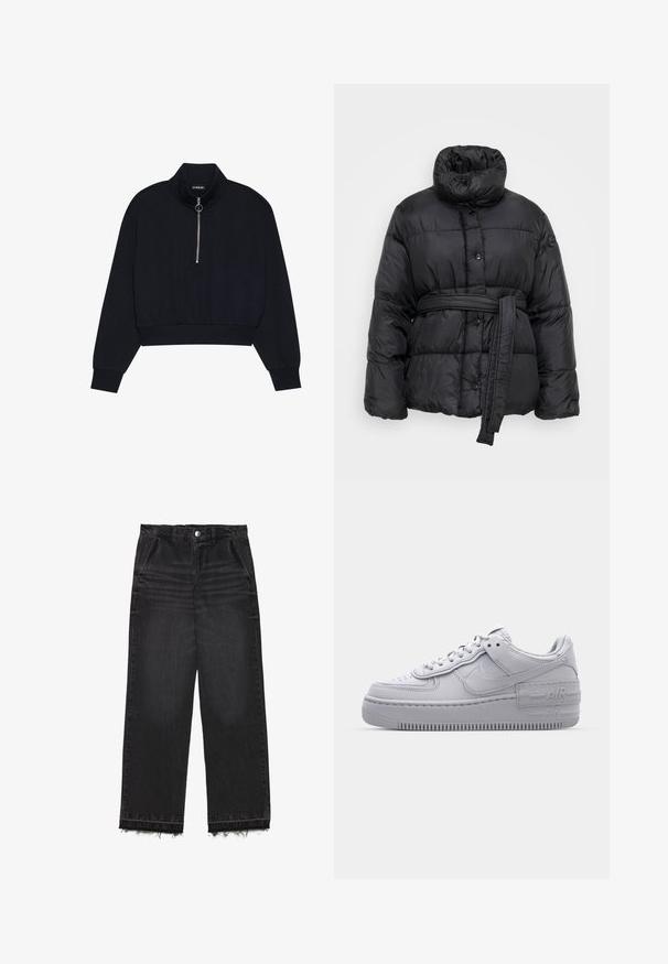Sort pufferjakke med høj krave, trykknapper og bælte i taljen. Har et quiltet design og en blank stoffet tekstur.; Sort cropped pullover lavet af blødt stof, med en høj krave, en frontlynlås med en sølvfarvet træk, og ribbede manchetter og kant.; Sorte denimbukser med lige ben. Har høj talje, rå kant og en diskret falmet struktur. Foran er der lommer.; Grå Nike Air Force 1 sneakers med perforeret tå, glat læderoverdel, tyk sål og præget 'AIR' detalje på hælen.