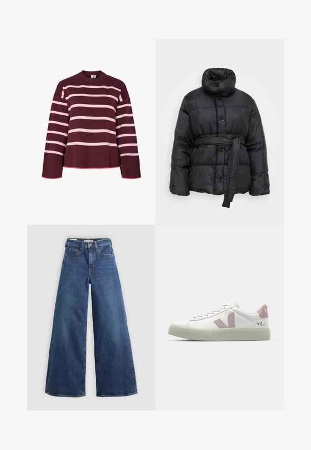 Sort pufferjakke med høj krave, trykknapper og bælte i taljen. Har et quiltet design og en blank stoffet tekstur.; Maroonsweater med horisontale lyserøde striber. Rund halsudskæring, ribbede manchetter og kant. Har et cropped design med lyserøde detaljer.; Bredde jeans i blå denim med fem lommer, knaplukning og kontraststing, der har en blød og tekstureret overflade.; Hvide sneakers med en tekstureret læderoverdel, lyserøde logoer og en lys grøn gummisål. Har snørebånd foran og et minimalistisk design.