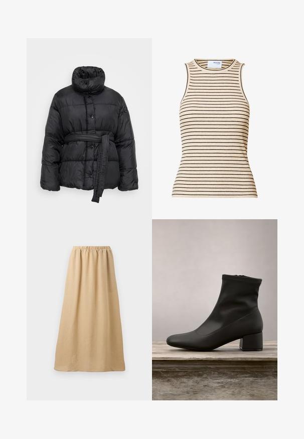 Doudoune noire avec un col haut, des boutons pression et une taille ceinturée. Présente un design matelassé et une texture de tissu brillant.; Haut beige sans manches en maille côtelée avec de fines rayures horizontales noires et un col rond.; Jupe longue beige avec taille élastique, en tissu texturé léger, présentée sur fond blanc uni.; Bottine noire à finition en cuir lisse et brillante, talon bloc incliné, et tige ajustée élastiquée pour une silhouette élégante.