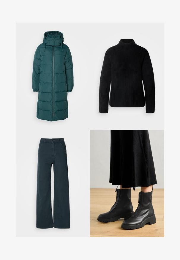 Lang, mørkegrøn dunjakke med høj krave, justerbar hætte og sidelommer. Har quiltet tekstur og lynlås foran.; Sort turtleneck sweater lavet af ribbet stof. Har lange ærmer og et tætsiddende design med en højere halsudskæring. Blød tekstur.; Bredde bukser i mørkegrå bomuldsblanding med frontknaplukning, bæltestropper og to sidelommer. Glat tekstur med minimal detaljering.; Sorte læder ankelstøvler med en kraftig platformsål og en frontlynlås. Glat tekstur med et minimalistisk design.
