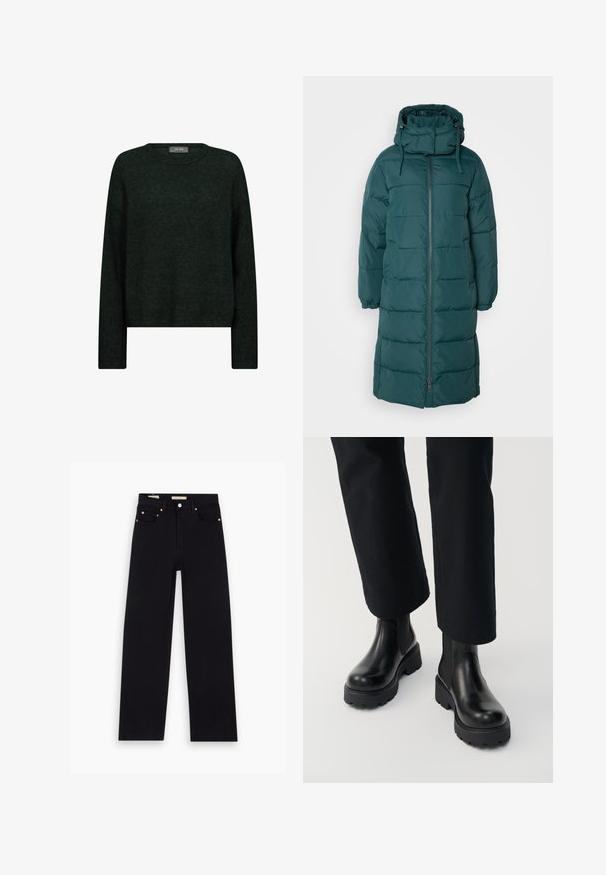 Lang, mørkegrøn dunjakke med høj krave, justerbar hætte og sidelommer. Har quiltet tekstur og lynlås foran.; Mørkegrøn sweater med rund halsudskæring, lange ærmer og en afslappet pasform. Fremstillet af tekstureret stof med subtile tonale mønstre.; Sorte denim jeans med lige pasform, fem lommer, kobberdetaljer og en glat tekstur. To mærker synlige på taljebåndet.; Person iført sorte læderankelstøvler med chunky sål kombineret med sorte straight-leg bukser på hvid baggrund.