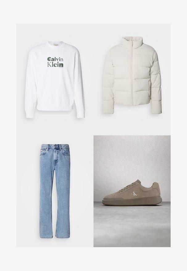 Cremefarvet pufferjakke med høj krave, vandret syningsmønster, lynlås foran og let cropped ærmer. Vandafvisende materiale.; Hvid sweatshirt med ribbede manchetter og kant, der har et stort grønt "Calvin Klein" logo i en moderne skrifttype trykt på fronten.; Lyseblå denimjeans med lige ben design, fem lommer og knaplukning. Syninger nær lommer og talje.; Beige ruskind sneakers med snørebånd og "ck" logo, vist svævende over poleret beton gulv med glasblokvæg i baggrunden.