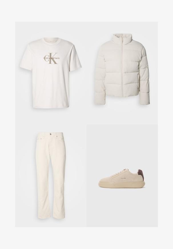 Cremefarvet pufferjakke med høj krave, vandret syningsmønster, lynlås foran og let cropped ærmer. Vandafvisende materiale.; Hvid kortærmet bomulds t-shirt med beige "cK Calvin Klein" logo trykt over brystet, rund udskæring og afslappet pasform.; Beige bomuldsjeans med et klassisk lige ben-design, der har en forreste knaplukning, fem lommer og diskrete syninger.; Beige ruskind sneakers med rund tå, snørret foran og en brun ruskindsdetalje på hælen. Har en tekstureret gummisål.