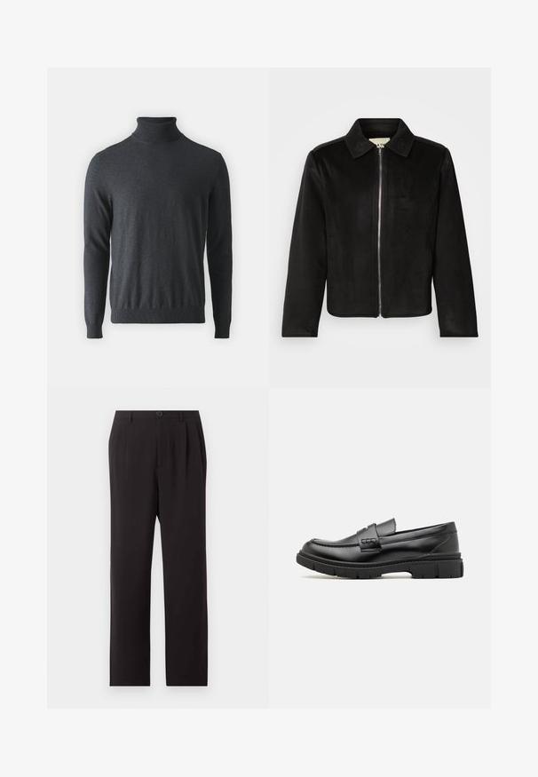 Sort lynlåsjakke lavet af blødt stof. Har en spids krave og præget detaljer på kraven. Ærmerne er lige skåret med et minimalistisk design.; Mørkegrå turtleneck sweater lavet af blødt, ribbet strikmateriale. Har lange ærmer og en tætsiddende talje, med et højt halsdesign.; Sorte højtaljede skræddersyede bukser med folder, knaplukning, bæltestropper og lige ben på en ensfarvet lys baggrund.; Sort læder loafersko med en bred rem over forfoden, gummisål med tykke mønstre og glat overflade. Klassisk, slankt design.