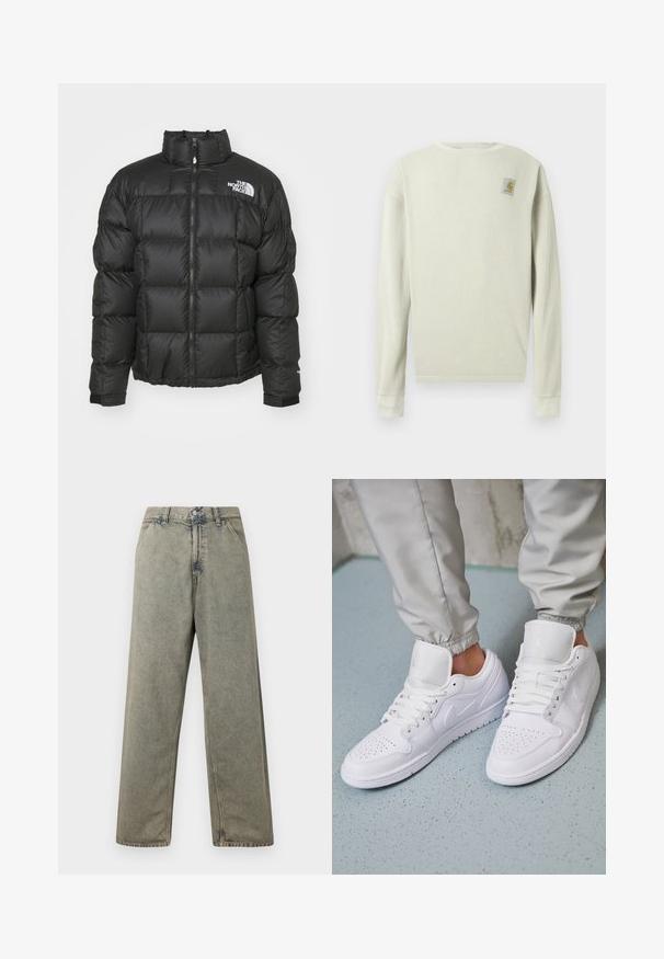 Sort pufferjakke med høj krave, lynlåslukning og quiltet mønster. Har logo på venstre bryst og elastiske manchetter.; Lysen grøn langærmet sweater med et struktureret ribbet mønster. Har en rund halsudskæring og et lille logo patch på øverste venstre bryst.; Blå denim bukser med vid ben i en falmet grå farve, med knaplukning og traditionelt fem-lomme design med synlige syninger.; Hvide lædersneakers har en perforeret tåboks, flade snørebånd, polstret krave og Jordan-logoet på tungen. Båret med grå joggers.