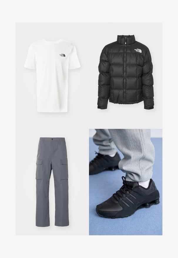 Sort pufferjakke med høj krave, lynlåslukning og quiltet mønster. Har logo på venstre bryst og elastiske manchetter.; Hvid kortærmet t-shirt lavet af bomuld. Har et lille sort logo på venstre bryst. Lige kant og rund halsudskæring.; Grå cargo-bukser lavet af holdbart stof. Funktioner inkluderer en elastisk talje, to store sidelommer og en lige benudskæring.; Person iført sorte Nike Shox sneakers og grå joggingbukser, der står på lyseblåt tæppe.