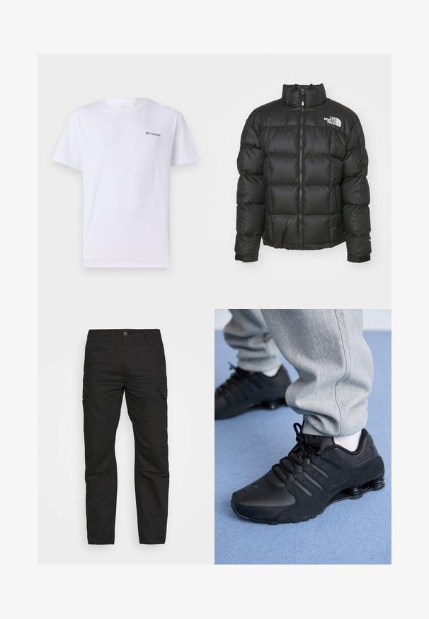 Schwarze Daunenjacke mit hohem Kragen, Reißverschluss und steppendem Muster. Mit Logo auf der linken Brust und elastischen Bündchen.; Weißes Baumwoll-T-Shirt mit kurzen Ärmeln, versehen mit einem kleinen schwarzen Columbia-Logo auf der linken Brustseite. Klassischer Rundhalsausschnitt.; Schwarze Cargo-Hosen mit geradem Bein, mehreren Taschen und einem Knopfverschluss, aus strapazierfähigem Baumwollstoff gefertigt.; Person in schwarzen Nike Shox Sneakers und grauen Jogginghosen, der auf einem hellblauen Teppich steht.