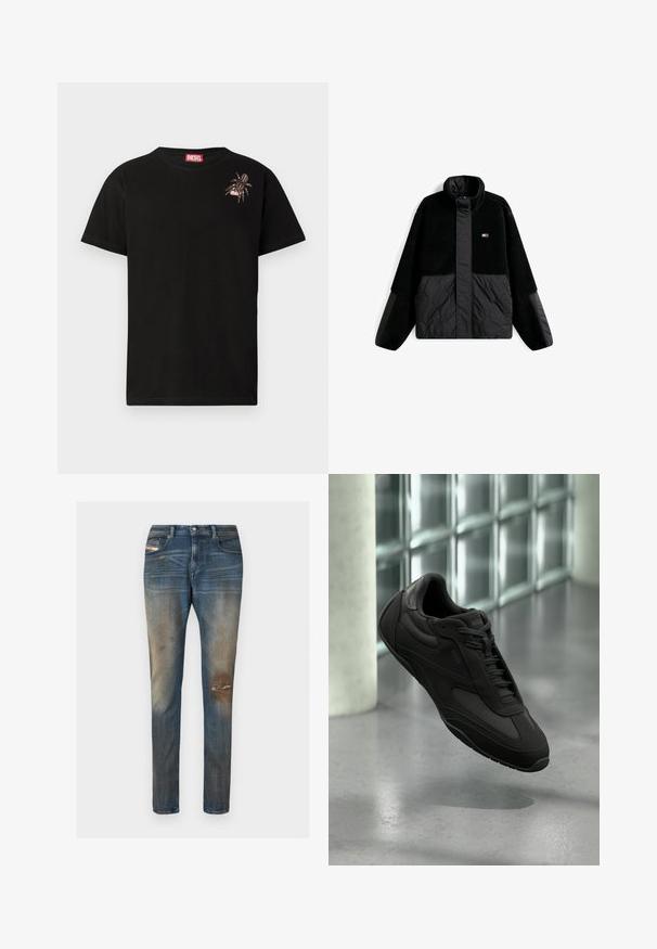 Schwarze Fleecejacke mit hohem Kragen, gesteppter schwarzer Paneelakzenten und lässiger Passform. Auffällige, plüschige Textur und minimales Branding-Detail.; Schwarzes Baumwoll-T-Shirt mit kurzen Ärmeln, das ein dekoratives Spinnennetz-Design auf der linken Brust sowie ein rotes Diesel-Logo-Label am Kragen aufweist.; Blaue Jeans aus Denim mit schmaler Passform, leichter Ausbleichung, abgenutzten Stellen und klassischem Fünf-Taschen-Design inklusive kleinem Logoetikett.; Schwarzer BOSS-Sneaker mit strukturierten und glatten Paneelen, geschnürte Schnürsenkel, schwebt über poliertem Boden in der Nähe von mattierten Glasbausteinen und einer weißen Säule.