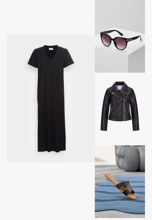 Veste de motard en simili cuir noir avec fermeture éclair asymétrique sur le devant, boutons-pression argentés sur un large revers, et deux poches latérales zippées.; Robe maxi noire en tissu doux, dotée d'un décolleté en V, de manches courtes et d'une coupe décontractée qui descend jusqu'aux chevilles.; Sandale noire plate à bride fendue, montée sur une semelle beige. Matière en caoutchouc texturé, présentée sur une surface de tapis bleu.; Lunettes de soleil noires avec une finition brillante, verres ronds surdimensionnés passant de teintes sombres à des teintes plus claires, et accents dorés sur les branches.
