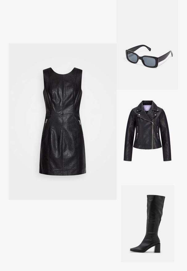 Veste de motard en simili cuir noir avec fermeture éclair asymétrique sur le devant, boutons-pression argentés sur un large revers, et deux poches latérales zippées.; ONLY ONLMIA BIKER DRESS - Robe de jour - black; RAID BLICK - Bottes - black; Lunettes de soleil rectangulaires noires avec des verres teintés foncés, monture en plastique épaisse et branches larges. Surface lisse et design angulaire.