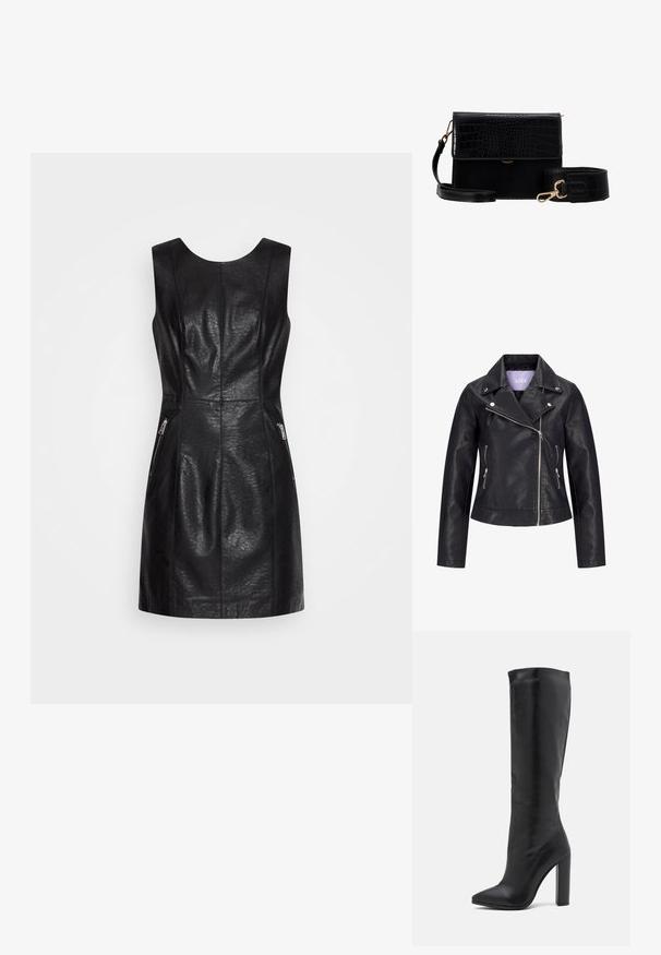 Sort bikerjakke i kunstlæder med asymmetrisk frontlynlås, sølvknapper på bred revers og to sidelommer med lynlås.; ONLY ONLMIA BIKER DRESS - Hverdagskjole - black; RAID PRISCA - Højhælede støvler - black; Sort faux læder crossbody taske med krokodillestruktur, guldhardware og en aftagelig rem. Har klaplukning og indvendigt rum.
